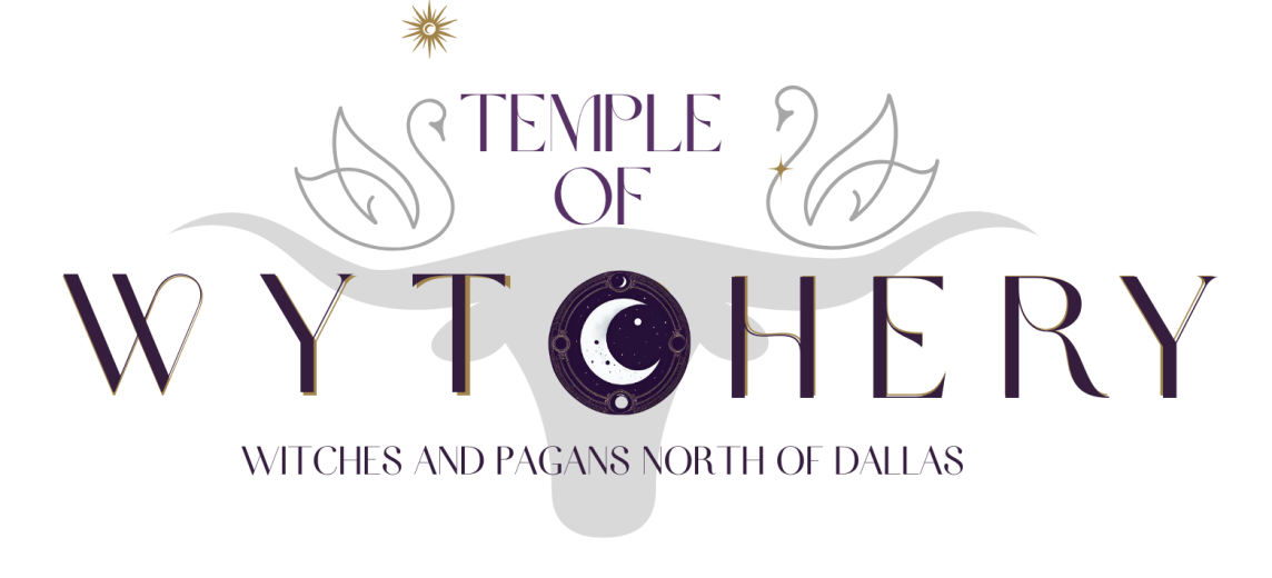 Temple of Wytchery logo with the words Witches and Pagans North of Dallas written above a longhorn cow, two swans, and some celestial imagery